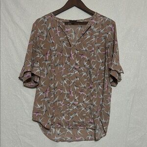 Brown, Grey, and Pink Relaxed Blouse with Bird Print and 3/4 Sleeves